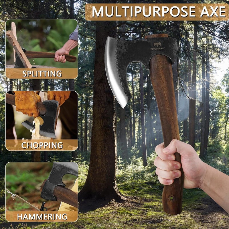 DWFKHT 14.6" Hatchet, Camping Hatchet with Leather Sheath, Bushcraft Axe with 1065 Carbon Steel & Beech Handle, Survival Axe for Wood Splitting and Chopping - Perfect for Gardening and Outdoor - Image 3